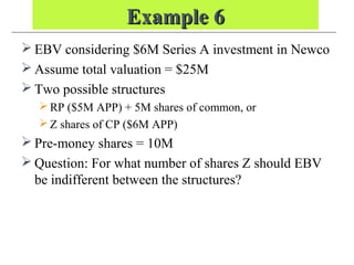 Example 6Example 6
 EBV considering $6M Series A investment in Newco
 Assume total valuation = $25M
 Two possible structures
RP ($5M APP) + 5M shares of common, or
Z shares of CP ($6M APP)
 Pre-money shares = 10M
 Question: For what number of shares Z should EBV
be indifferent between the structures?
 