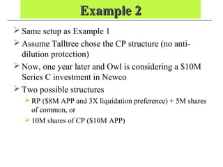Example 2Example 2
 Same setup as Example 1
 Assume Talltree chose the CP structure (no anti-
dilution protection)
 Now, one year later and Owl is considering a $10M
Series C investment in Newco
 Two possible structures
RP ($8M APP and 3X liquidation preference) + 5M shares
of common, or
10M shares of CP ($10M APP)
 