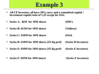 Example 3Example 3
 All CP Investors, all have 20% carry and a committed capital /All CP Investors, all have 20% carry and a committed capital /
investment capital ratio of 1.25 except for Owl.investment capital ratio of 1.25 except for Owl.
 Series A: $6M for 10M sharesSeries A: $6M for 10M shares (EBV)(EBV)
 Series B: $12M for 10M sharesSeries B: $12M for 10M shares (Talltree)(Talltree)
 Series C: $10M for 10M sharesSeries C: $10M for 10M shares (Owl)(Owl)
 Series D: $10M for 10M shares (2X liq pref)Series D: $10M for 10M shares (2X liq pref) (Series D investors)(Series D investors)
 Series E: $10M for 10M shares (3X liq pref)Series E: $10M for 10M shares (3X liq pref) (Series E investors)(Series E investors)
 Series F: $25M for 10M sharesSeries F: $25M for 10M shares (Series F investors)(Series F investors)
 