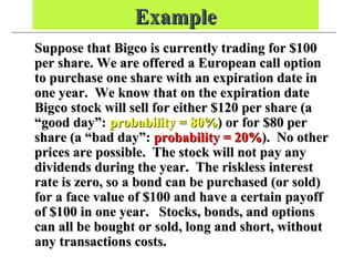 ExampleExample
Suppose that Bigco is currently trading for $100Suppose that Bigco is currently trading for $100
per share. We are offered a European call optionper share. We are offered a European call option
to purchase one share with an expiration date into purchase one share with an expiration date in
one year. We know that on the expiration dateone year. We know that on the expiration date
Bigco stock will sell for either $120 per share (aBigco stock will sell for either $120 per share (a
“good day”:“good day”: probability = 80%probability = 80%) or for $80 per) or for $80 per
share (a “bad day”:share (a “bad day”: probability = 20%probability = 20%). No other). No other
prices are possible. The stock will not pay anyprices are possible. The stock will not pay any
dividends during the year. The riskless interestdividends during the year. The riskless interest
rate is zero, so a bond can be purchased (or sold)rate is zero, so a bond can be purchased (or sold)
for a face value of $100 and have a certain payofffor a face value of $100 and have a certain payoff
of $100 in one year. Stocks, bonds, and optionsof $100 in one year. Stocks, bonds, and options
can all be bought or sold, long and short, withoutcan all be bought or sold, long and short, without
any transactions costs.any transactions costs.
 