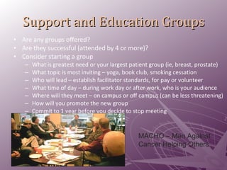 Support and Education Groups Are any groups offered? Are they successful (attended by 4 or more)? Consider starting a group What is greatest need or your largest patient group (ie, breast, prostate) What topic is most inviting – yoga, book club, smoking cessation Who will lead – establish facilitator standards, for pay or volunteer What time of day – during work day or after work, who is your audience Where will they meet – on campus or off campus (can be less threatening) How will you promote the new group Commit to 1 year before you decide to stop meeting MACHO – Men Against Cancer Helping Others 