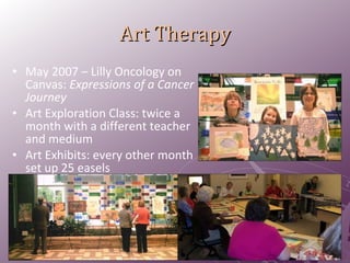 Art Therapy May 2007 – Lilly Oncology on Canvas:  Expressions of a Cancer Journey Art Exploration Class: twice a month with a different teacher and medium Art Exhibits: every other month set up 25 easels 