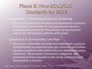 Phase II: New ACoS/CoC  Standards for 2012 Standard 3.2: Psychosocial Distress Screening The cancer committee develops and implements a process to integrate and monitor on-site psychosocial distress screening and referral for the provision of psychosocial care as the standard for patients with cancer Standard 3.3: Survivorship Care Plan The cancer committee develops and implements a process to disseminate a comprehensive care summary and follow-up plan to patients with cancer who are completing cancer treatment. The process is monitored, evaluated, and presented at least annually to the cancer committee and documented in minutes ACoS = American College of Surgeons; CoC = Commission on Cancer. 