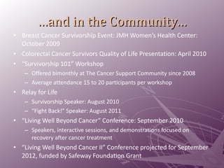 … and in the Community… Breast Cancer Survivorship Event: JMH Women’s Health Center: October 2009 Colorectal Cancer Survivors Quality of Life Presentation: April 2010 “ Survivorship 101” Workshop Offered bimonthly at The Cancer Support Community since 2008 Average attendance 15 to 20 participants per workshop Relay for Life Survivorship Speaker: August 2010 “ Fight Back!” Speaker: August 2011 “ Living Well Beyond Cancer” Conference: September 2010 Speakers, interactive sessions, and demonstrations focused on recovery after cancer treatment “ Living Well Beyond Cancer II” Conference projected for September 2012, funded by Safeway Foundation Grant  