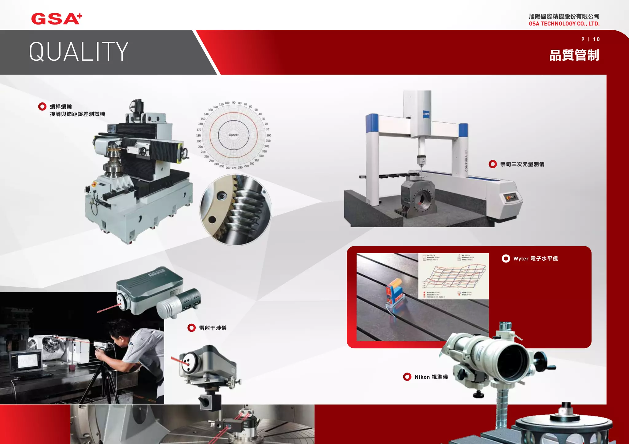 旭陽國際精機股份有限公司
品質管制
GSA TECHNOLOGY CO., LTD.
QUALITY
9 | 1 0
蔡司三次元量測儀
Wyler 電子水平儀
雷射干涉儀
蝸桿蝸輪
接觸與節距誤差測試機
Nikon 視準儀
 
