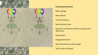 Focus group outcomes:
Better signage
More eBooks
Coloured overlays
Busy and quiet times
Books for neurodiverse students as opposed to
about them
Quiet spaces
Designated librarian
More information on Library page
Text to speech software
 