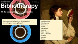 Mental health
Mindfulness
Happiness
Sleep
Depression
Dyslexia
Rape / Abuse
Race / Ethnicity
LGBTQI
Autism
Fiction
Communication between the library, student
counselling and Learning Support.
 
