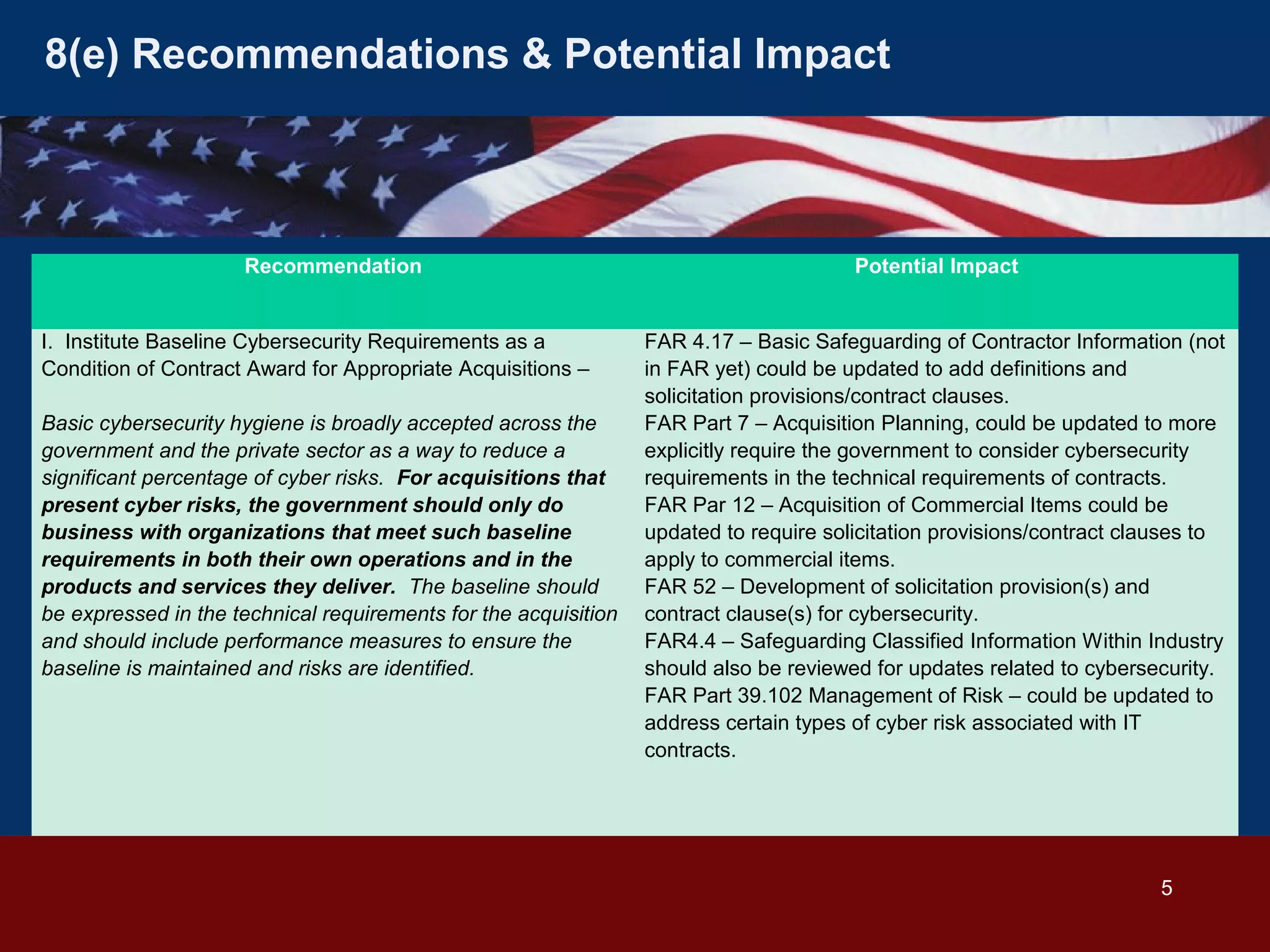 8(e) Recommendations & Potential Impact

Recommendation
I. Institute Baseline Cybersecurity Requirements as a
Condition of Contract Award for Appropriate Acquisitions –
Basic cybersecurity hygiene is broadly accepted across the
government and the private sector as a way to reduce a
significant percentage of cyber risks. For acquisitions that
present cyber risks, the government should only do
business with organizations that meet such baseline
requirements in both their own operations and in the
products and services they deliver. The baseline should
be expressed in the technical requirements for the acquisition
and should include performance measures to ensure the
baseline is maintained and risks are identified.

Potential Impact
FAR 4.17 – Basic Safeguarding of Contractor Information (not
in FAR yet) could be updated to add definitions and
solicitation provisions/contract clauses.
FAR Part 7 – Acquisition Planning, could be updated to more
explicitly require the government to consider cybersecurity
requirements in the technical requirements of contracts.
FAR Par 12 – Acquisition of Commercial Items could be
updated to require solicitation provisions/contract clauses to
apply to commercial items.
FAR 52 – Development of solicitation provision(s) and
contract clause(s) for cybersecurity.
FAR4.4 – Safeguarding Classified Information Within Industry
should also be reviewed for updates related to cybersecurity.
FAR Part 39.102 Management of Risk – could be updated to
address certain types of cyber risk associated with IT
contracts.

5

 