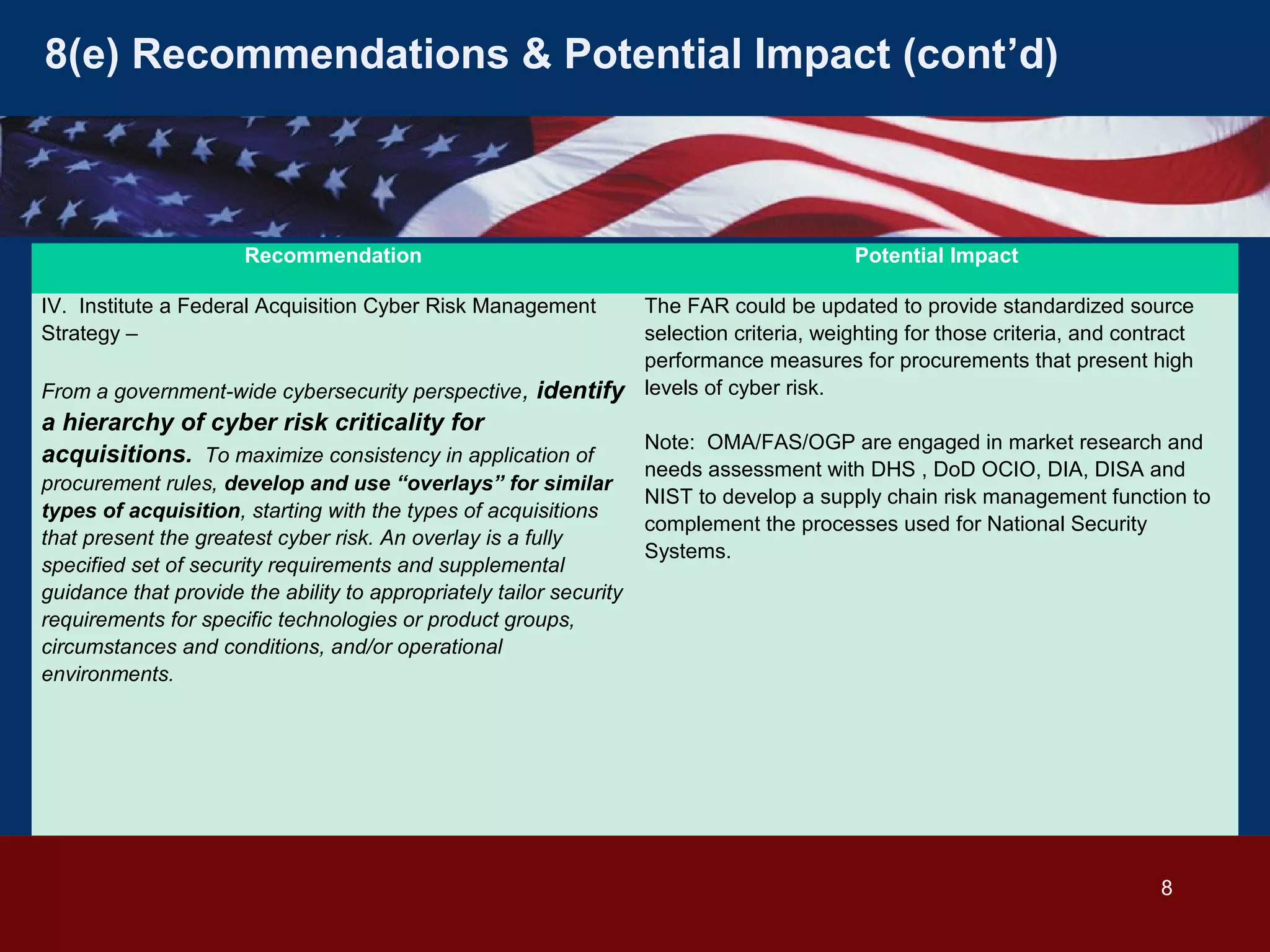 8(e) Recommendations & Potential Impact (cont’d)

Recommendation

Potential Impact

IV. Institute a Federal Acquisition Cyber Risk Management
Strategy –

The FAR could be updated to provide standardized source
selection criteria, weighting for those criteria, and contract
performance measures for procurements that present high
From a government-wide cybersecurity perspective , identify levels of cyber risk.

a hierarchy of cyber risk criticality for
acquisitions. To maximize consistency in application of
procurement rules, develop and use “overlays” for similar
types of acquisition, starting with the types of acquisitions
that present the greatest cyber risk. An overlay is a fully
specified set of security requirements and supplemental
guidance that provide the ability to appropriately tailor security
requirements for specific technologies or product groups,
circumstances and conditions, and/or operational
environments.

Note: OMA/FAS/OGP are engaged in market research and
needs assessment with DHS , DoD OCIO, DIA, DISA and
NIST to develop a supply chain risk management function to
complement the processes used for National Security
Systems.

8

 