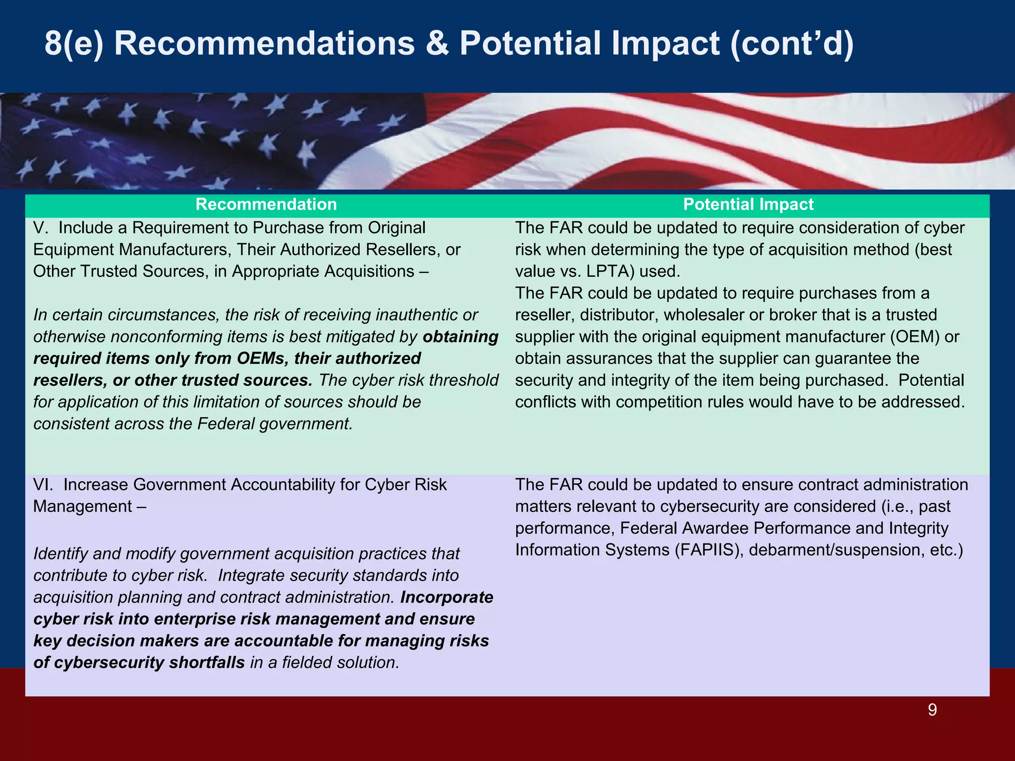 8(e) Recommendations & Potential Impact (cont’d)

Recommendation
V. Include a Requirement to Purchase from Original
Equipment Manufacturers, Their Authorized Resellers, or
Other Trusted Sources, in Appropriate Acquisitions –

Potential Impact
The FAR could be updated to require consideration of cyber
risk when determining the type of acquisition method (best
value vs. LPTA) used.
The FAR could be updated to require purchases from a
In certain circumstances, the risk of receiving inauthentic or
reseller, distributor, wholesaler or broker that is a trusted
otherwise nonconforming items is best mitigated by obtaining supplier with the original equipment manufacturer (OEM) or
required items only from OEMs, their authorized
obtain assurances that the supplier can guarantee the
resellers, or other trusted sources. The cyber risk threshold security and integrity of the item being purchased. Potential
for application of this limitation of sources should be
conflicts with competition rules would have to be addressed.
consistent across the Federal government.
VI. Increase Government Accountability for Cyber Risk
Management –
Identify and modify government acquisition practices that
contribute to cyber risk. Integrate security standards into
acquisition planning and contract administration. Incorporate
cyber risk into enterprise risk management and ensure
key decision makers are accountable for managing risks
of cybersecurity shortfalls in a fielded solution.

The FAR could be updated to ensure contract administration
matters relevant to cybersecurity are considered (i.e., past
performance, Federal Awardee Performance and Integrity
Information Systems (FAPIIS), debarment/suspension, etc.)

9

 