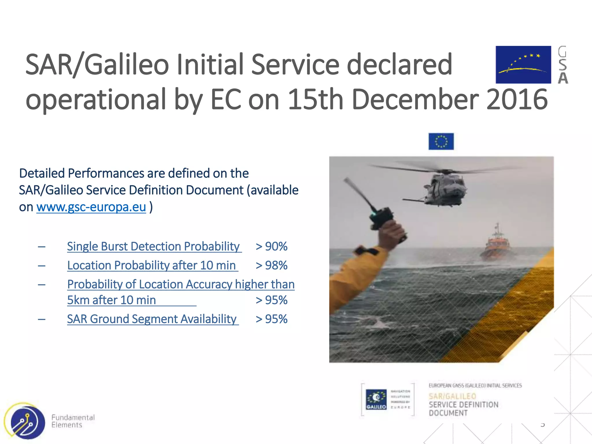 5
SAR/Galileo Initial Service declared
operational by EC on 15th December 2016
Detailed Performances are defined on the
SAR/Galileo Service Definition Document (available
on www.gsc-europa.eu )
– Single Burst Detection Probability > 90%
– Location Probability after 10 min > 98%
– Probability of Location Accuracy higher than
5km after 10 min > 95%
– SAR Ground Segment Availability > 95%
 