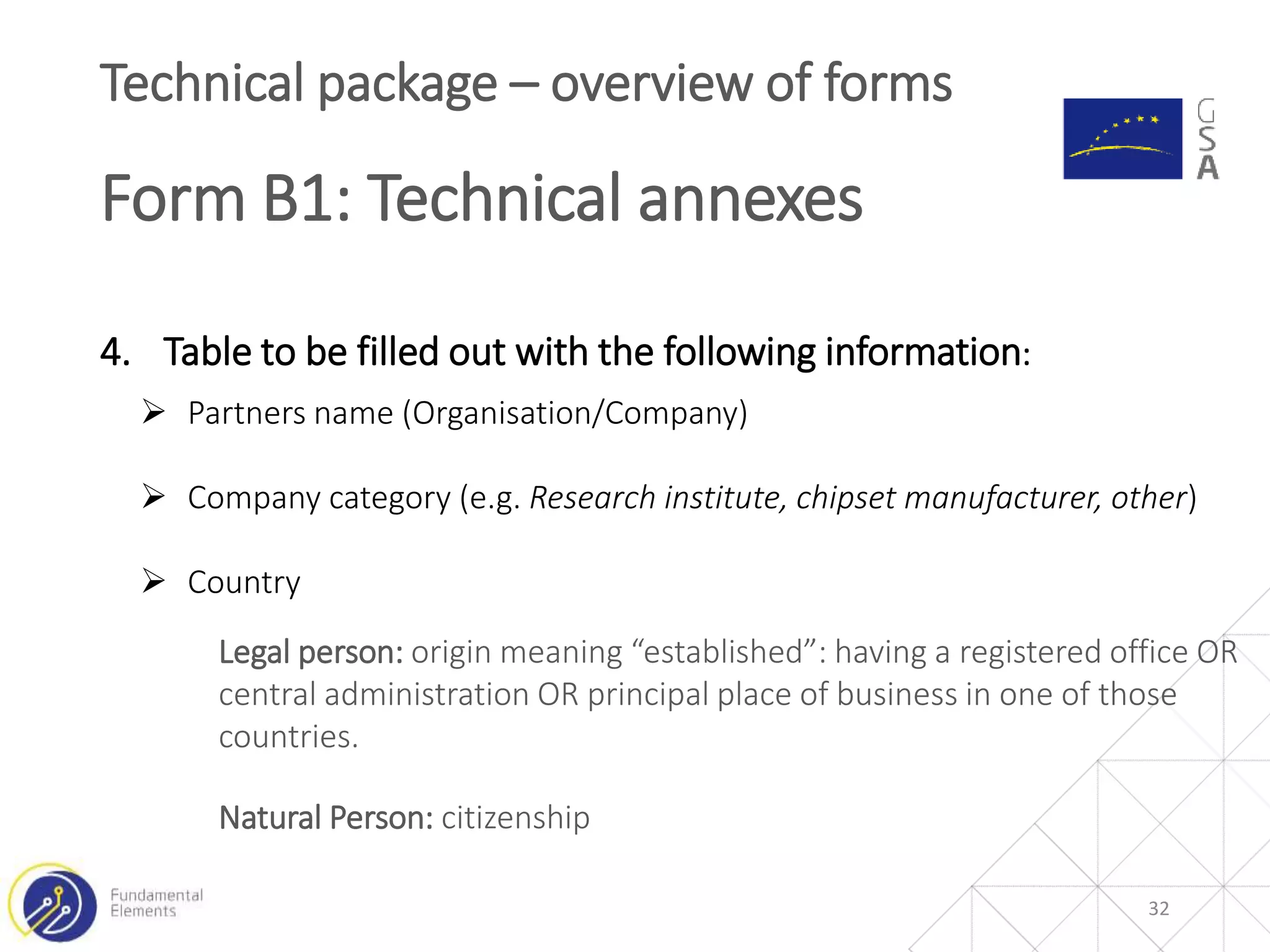 32
Technical package – overview of forms
Form B1: Technical annexes
4. Table to be filled out with the following information:
 Partners name (Organisation/Company)
 Company category (e.g. Research institute, chipset manufacturer, other)
 Country
Legal person: origin meaning “established”: having a registered office OR
central administration OR principal place of business in one of those
countries.
Natural Person: citizenship
 