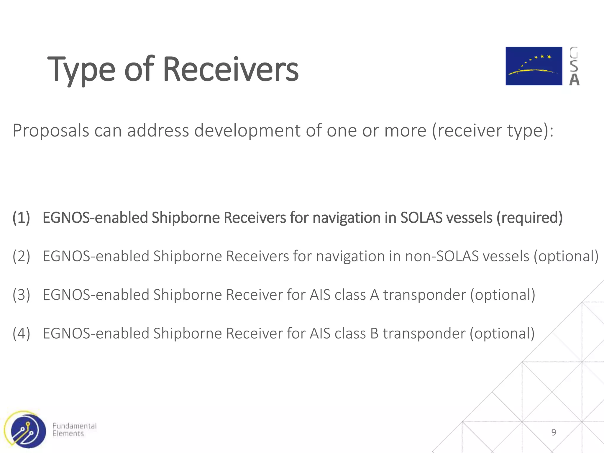 Proposals can address development of one or more (receiver type):
(1) EGNOS-enabled Shipborne Receivers for navigation in SOLAS vessels (required)
(2) EGNOS-enabled Shipborne Receivers for navigation in non-SOLAS vessels (optional)
(3) EGNOS-enabled Shipborne Receiver for AIS class A transponder (optional)
(4) EGNOS-enabled Shipborne Receiver for AIS class B transponder (optional)
Type of Receivers
9
 