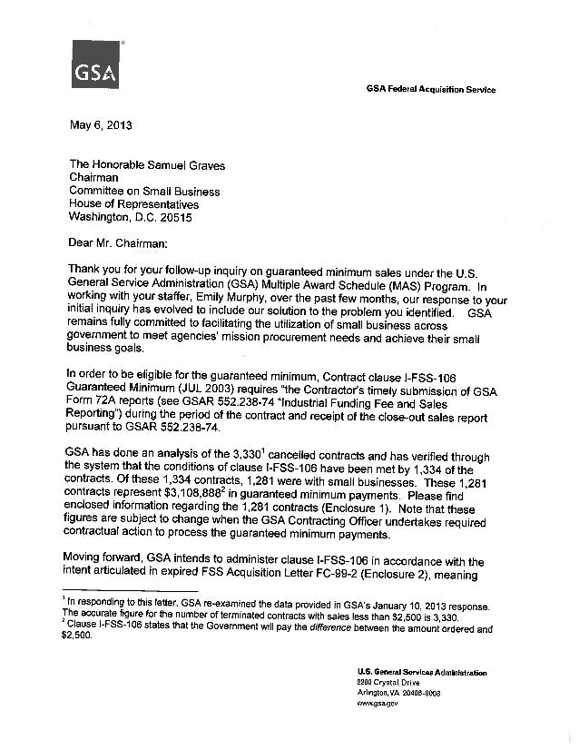 GSA Letter to House Small Business Committee on 