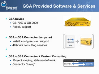 GSA Provided Software & Services

 GSA Device
     GB-7007 & GB-9009
     Resell, support



 GSA + GSA Connector Jumpstart
     Install, configure, use, support
     40 hours consulting services


 GSA + GSA Connector + Custom Consulting
     Project scoping, statement of work
     Connector “tuning”
 