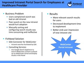 Improved Intranet Portal Search for Employees at
Healthcare Provider

 Business Problem                               Results
    Users complained search was                    More relevant search results
     bad on old intranet
                                                     for users
    Poor search on the new intranet
     would hurt adoption                            Decreased development time
    Manually sorting and                            to implement
     configuring search results was                 Better end-user impression
     time consuming and ineffective                  of new intranet site

 Fishbowl Solution
    GSA Connector for WebCenter
        Intranet searches facilitated by GSA                WebCenter
    Consulting Services                                    Portal Intranet
        Use Google Search Appliance to
         search WebCenter Content surfaced
         up via WebCenter Portal and display
         results in the Poratl
 