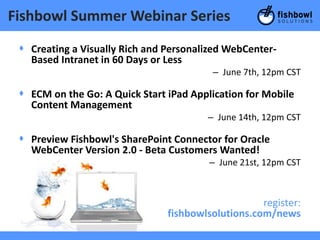 Fishbowl Summer Webinar Series
 + Creating a Visually Rich and Personalized WebCenter-
   Based Intranet in 60 Days or Less
                                         – June 7th, 12pm CST

 + ECM on the Go: A Quick Start iPad Application for Mobile
   Content Management
                                        – June 14th, 12pm CST

 + Preview Fishbowl's SharePoint Connector for Oracle
   WebCenter Version 2.0 - Beta Customers Wanted!
                                         – June 21st, 12pm CST



                                                    register:
                                fishbowlsolutions.com/news
 
