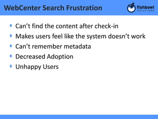 WebCenter Search Frustration

 +   Can’t find the content after check-in
 +   Makes users feel like the system doesn’t work
 +   Can’t remember metadata
 +   Decreased Adoption
 +   Unhappy Users
 