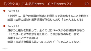 2018/2/17
192.0ˤFintech 1.0Fintech 2.0
Fintech 1.0
ITäȴνڤ˽MߤOޤޤǄʻ뤳ȤĿָ
׷ӛɤҎƤITڤƤ꡸ȤƤ롹
Fintech 2.0
ȴ˽MߤoҕơȫΥ٩`٘B
Υ`ӥҊrˡ줬ΤʤΤһԤ
F뤳ȤǤʤ
׷ӛޤȤ׷ĤƤ餺ȤƤʤ
 