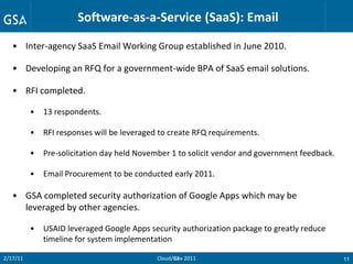 Software-as-a-Service (SaaS): Email

   • Inter-agency SaaS Email Working Group established in June 2010.

   • Developing an RFQ for a government-wide BPA of SaaS email solutions.

   • RFI completed.

          •   13 respondents.

          •   RFI responses will be leveraged to create RFQ requirements.

          •   Pre-solicitation day held November 1 to solicit vendor and government feedback.

          •   Email Procurement to be conducted early 2011.

   • GSA completed security authorization of Google Apps which may be
     leveraged by other agencies.

          •   USAID leveraged Google Apps security authorization package to greatly reduce
              timeline for system implementation

2/17/11                                      Cloud/Gov 2011
                                                   11                                           11
 