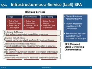 Infrastructure-as-a-Service (IaaS) BPA
                               BPA IaaS Services

          Storage            Virtual Machines       Server Hosting       • Blanket Purchase
                                                                           Agreement (BPA)
          • Online Web        • Online VMs /         • Online Server
            Based Storage       Computing              Hosting           • FISMA “Moderate”
          • Store Files &     • Multiple CPU &       • DNS and CDN         Level Security for
            Data Objects        OS Types               Capabilities
                                                                           Government
   On-demand Self Service
   Online, self service provisioning capabilities for services           • Services will be made
                                                                           available through
   Ubiquitous Network Access                                               purchase on apps.gov
   Accessible via the Internet with a sufficiently robust architecture

   Location Independent Resource Pooling                                 RFQ Required
   Massively scalable services, independent of location of resources
                                                                         Cloud Computing
   Rapid Elasticity                                                      Characteristics
   Scale up or down dynamically based on consumption and/or request

   Measured Service
   Utilization and consumption GUI dashboard and electronic interfaces




2/17/11                                             Cloud/Gov 2011                                 9
 