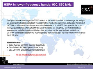 HSPA in lower frequency bands: 900, 850 MHz




     The Optus network is the largest UMTS900 network in the world. In addition to cost savings, the ability to
     use existing infrastructure dramatically reduced the time needed for deployment. Optus saw the rollout of
     UMTS900 in suburban and rural areas as a natural extension of its initial 3G deployment in the more
     heavily populated areas where 2100 MHz is used. UMTS900 has brought 3G and mobile broadband
     services more cost-effectively to outside the cities. More than just the need for fewer installations,
     UMTS900 facilitates the addition of a much larger data market because it provides better indoor coverage
     than 2100 MHz.


     More information:
      Optus Australia UMTS900 Operator Case Study
      Elisa Finland UMTS900 Operator Case Study
      GSA UMTS900 Global Status Information Paper

                       All are available at www.gsacom.com



                 www.gsacom.com                                                       Global mobile Suppliers Association © 2010

Global HSPA Update June 30, 2010                                                                       Slide no. 13/15
 