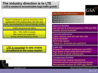 The industry direction is to LTE
- LTE is needed to accommodate huge traffic growth


                                                          Year 2010: LTE performance
                                                          Peak downlink: > 150 Mbps
   Mobile broadband is gaining momentum from              Typical user speed: 10-30 Mbps
   widespread 3.5G deployments, flat rate data            Typical user UL rate: 5-50 Mbps
 tariffs, and availability of internet friendly mobiles
                                                          Spectrum flexibility
            Traffic rising/revenue falling                Can use new or re-farmed spectrum, FDD and TDD
                                                          Variable channel bandwidth
             40x – 100x traffic increase
             May need to be supported                     Improved performance
          across several frequency bands                  Higher capacity, peak and user data rates
                                                          Higher bandwidth
                                                          Much lower latency
                                                          “always on”; enhanced user experience

    LTE is essential to take mobile                       Lower cost
                                                          IP-based flat network architecture; Low OPEX
    broadband to the mass market                          High degree of self configuration/optimization
                                                          High re-use of assets including sites

                                                          Complements 3G/HSPA
                                                          Addresses high capacity requirements
                                                          Seamless service continuity/multimode devices
                                                          Next generation solution for 3GPP and 3GPP2
              www.gsacom.com                                                  Global mobile Suppliers Association © 2010

                                                                                                           Slide no. 14/30
 