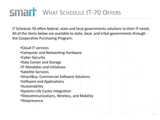 WHAT SCHEDULE IT-70 OFFERS

IT Schedule 70 offers federal, state and local governments solutions to their IT needs.
All of the items below are available to state, local, and tribal governments through
the Cooperative Purchasing Program:

     •Cloud IT services
     •Computer and Networking Hardware
     •Cyber Security
     •Data Center and Storage
     •IT Mandates and Initiatives
     •Satellite Services
     •SmartBuy: Commercial Software Solutions
     •Software and Applications
     •Sustainability
     •Systems Life Cycles Integration
     •Telecommunications, Wireless, and Mobility
     •Telepresence


                                                                                          4
 