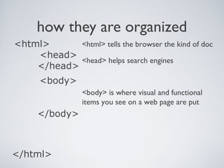 how they are organized
<html>
</html>
<head>
</head>
<body>
</body>
<html> tells the browser the kind of doc
<head> helps search engines
<body> is where visual and functional
items you see on a web page are put
 
