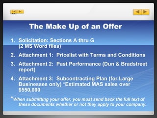 The Make Up of an Offer Solicitation: Sections A thru G (2 MS Word files) Attachment 1:  Pricelist with Terms and Conditions Attachment 2:  Past Performance (Dun & Bradstreet report) Attachment 3:  Subcontracting Plan (for Large Businesses only) *Estimated MAS sales over $550,000 * When submitting your offer, you must send back the full text of these documents whether or not they apply to your company. 