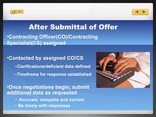After Submittal of Offer Contracting Officer(CO)/Contracting Specialist(CS) assigned Contacted by assigned CO/CS Clarifications/deficient data defined Timeframe for response established Once negotiations begin, submit  additional data as requested Accurate, complete and current  Be timely with responses 