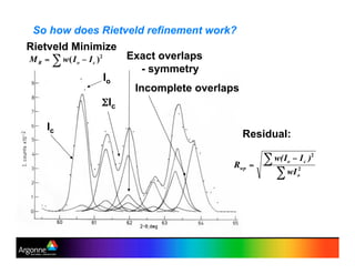 So how does Rietveld refinement work?
Exact overlaps
- symmetry
Incomplete overlaps
Io
'Ic
Residual:
Rietveld Minimize
Ic
 