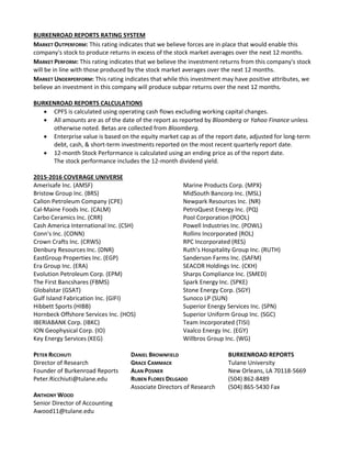 BURKENROAD REPORTS RATING SYSTEM  
MARKET OUTPERFORM: This rating indicates that we believe forces are in place that would enable this 
company's stock to produce returns in excess of the stock market averages over the next 12 months.  
MARKET PERFORM: This rating indicates that we believe the investment returns from this company's stock 
will be in line with those produced by the stock market averages over the next 12 months.  
MARKET UNDERPERFORM: This rating indicates that while this investment may have positive attributes, we 
believe an investment in this company will produce subpar returns over the next 12 months.  
 
BURKENROAD REPORTS CALCULATIONS 
 CPFS is calculated using operating cash flows excluding working capital changes.  
 All amounts are as of the date of the report as reported by Bloomberg or Yahoo Finance unless 
otherwise noted. Betas are collected from Bloomberg.  
 Enterprise value is based on the equity market cap as of the report date, adjusted for long‐term 
debt, cash, & short‐term investments reported on the most recent quarterly report date.  
 12‐month Stock Performance is calculated using an ending price as of the report date. 
The stock performance includes the 12‐month dividend yield.  
 
2015‐2016 COVERAGE UNIVERSE  
Amerisafe Inc. (AMSF) 
Bristow Group Inc. (BRS) 
CalIon Petroleum Company (CPE) 
Cal‐Maine Foods Inc. (CALM) 
Carbo Ceramics Inc. (CRR) 
Cash America International Inc. (CSH) 
Conn's Inc. (CONN) 
Crown Crafts Inc. (CRWS) 
Denbury Resources Inc. (DNR) 
EastGroup Properties Inc. (EGP) 
Era Group Inc. (ERA) 
Evolution Petroleum Corp. (EPM) 
The First Bancshares (FBMS) 
Globalstar (GSAT) 
Gulf Island Fabrication Inc. (GIFI) 
Hibbett Sports (HIBB) 
Hornbeck Offshore Services Inc. (HOS) 
IBERIABANK Corp. (IBKC) 
ION Geophysical Corp. (IO) 
Key Energy Services (KEG) 
Marine Products Corp. (MPX) 
MidSouth Bancorp Inc. (MSL) 
Newpark Resources Inc. (NR) 
PetroQuest Energy Inc. (PQ) 
Pool Corporation (POOL) 
Powell Industries Inc. (POWL) 
Rollins Incorporated (ROL) 
RPC Incorporated (RES) 
Ruth’s Hospitality Group Inc. (RUTH) 
Sanderson Farms Inc. (SAFM) 
SEACOR Holdings Inc. (CKH) 
Sharps Compliance Inc. (SMED) 
Spark Energy Inc. (SPKE) 
Stone Energy Corp. (SGY) 
Sunoco LP (SUN) 
Superior Energy Services Inc. (SPN) 
Superior Uniform Group Inc. (SGC) 
Team Incorporated (TISI)  
Vaalco Energy Inc. (EGY) 
Willbros Group Inc. (WG) 
 
PETER RICCHIUTI 
Director of Research 
Founder of Burkenroad Reports 
Peter.Ricchiuti@tulane.edu 
 
ANTHONY WOOD 
Senior Director of Accounting 
Awood11@tulane.edu 
DANIEL BROWNFIELD 
GRACE CAMMACK 
ALAN POSNER 
RUBEN FLORES DELGADO 
Associate Directors of Research 
 
 
 
BURKENROAD REPORTS 
Tulane University 
New Orleans, LA 70118‐5669  
(504) 862‐8489 
(504) 865‐5430 Fax 
 
 