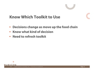 Know Which Toolkit to Use

• Decisions change as move up the food chain
• Know what kind of decision
• Need to refresh too...