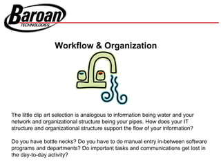 Workflow & Organization




The little clip art selection is analogous to information being water and your
network and organizational structure being your pipes. How does your IT
structure and organizational structure support the flow of your information?

Do you have bottle necks? Do you have to do manual entry in-between software
programs and departments? Do important tasks and communications get lost in
the day-to-day activity?
 