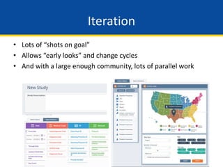 Iteration
• Lots of “shots on goal”
• Allows “early looks” and change cycles
• And with a large enough community, lots of parallel work
 