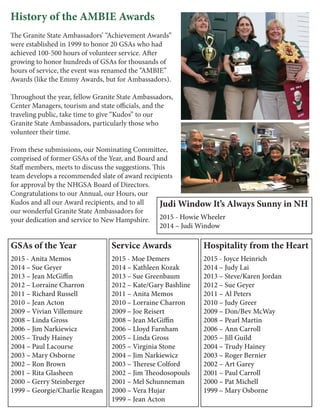 History of the AMBIE Awards
The Granite State Ambassadors’ “Achievement Awards”
were established in 1999 to honor 20 GSAs who had
achieved 100-500 hours of volunteer service. After
growing to honor hundreds of GSAs for thousands of
hours of service, the event was renamed the “AMBIE”
Awards (like the Emmy Awards, but for Ambassadors).
Throughout the year, fellow Granite State Ambassadors,
Center Managers, tourism and state officials, and the
traveling public, take time to give “Kudos” to our
Granite State Ambassadors, particularly those who
volunteer their time.
From these submissions, our Nominating Committee,
comprised of former GSAs of the Year, and Board and
Staff members, meets to discuss the suggestions. This
team develops a recommended slate of award recipients
for approval by the NHGSA Board of Directors.
Congratulations to our Annual, our Hours, our
Kudos and all our Award recipients, and to all
our wonderful Granite State Ambassadors for
your dedication and service to New Hampshire.
GSAs of the Year
2015 - Anita Memos
2014 – Sue Geyer
2013 – Jean McGiffin
2012 – Lorraine Charron
2011 – Richard Russell
2010 – Jean Acton
2009 – Vivian Villemure
2008 – Linda Gross
2006 – Jim Narkiewicz
2005 – Trudy Hainey
2004 – Paul Lacourse
2003 – Mary Osborne
2002 – Ron Brown
2001 – Rita Glasheen
2000 – Gerry Steinberger
1999 – Georgie/Charlie Reagan
Hospitality from the Heart
2015 - Joyce Heinrich
2014 – Judy Lai
2013 – Steve/Karen Jordan
2012 – Sue Geyer
2011 – Al Peters
2010 – Judy Greer
2009 – Don/Bev McWay
2008 – Pearl Martin
2006 – Ann Carroll
2005 – Jill Guild
2004 – Trudy Hainey
2003 – Roger Bernier
2002 – Art Garey
2001 – Paul Carroll
2000 – Pat Michell
1999 – Mary Osborne
Service Awards
2015 - Moe Demers
2014 – Kathleen Kozak
2013 – Sue Greenbaum
2012 – Kate/Gary Bashline
2011 – Anita Memos
2010 – Lorraine Charron
2009 – Joe Reisert
2008 – Jean McGiffin
2006 – Lloyd Farnham
2005 – Linda Gross
2005 – Virginia Stone
2004 – Jim Narkiewicz
2003 – Therese Colford
2002 – Jim Theodosopouls
2001 – Mel Schunneman
2000 – Vera Hujar
1999 – Jean Acton
Judi Window It’s Always Sunny in NH
2015 - Howie Wheeler
2014 – Judi Window
 