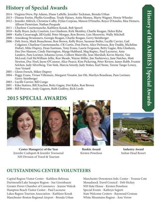 History of Special Awards
2014 - Virginia Drew, Pip Adams, Diane LaBelle, Jennifer Tockman, Brenda Urban
2013 – Dianne Fortin, Phyllis Goodhue, Trudy Hainey, Anita Memos, Marty Wagner, Howie Wheeler
2012 – Jennifer Aldrich, Christine Colby, Dylan Crepeau, Maison D’Amelio, Royce D’Amelio, Moe Demers,
Allison Demirjian, Nathan Pasquale
2011 – Charlene Courtemanche, Kathleen Kozak, Bob Spoerl
2010 – Kelly Bryer, Jacky Courtois, Leo Glasheen, Kirk Membry, Charlie Reagan, Helen Ryba
2009 – Kathy Cassavaugh, Jill Guild, Peter Morgan, Ron Brown, Lois Mosowitz, Wally Mitchell
2008 – Amoskeag Strummers, Georgie Reagan, Charlie Reagan, Gerry Steinberger
2006 – Deb Avery, Mark Beauchesne, Ron Brown, Kelly Bryer, Suzanne Butler, Lucille Carrier, Gail
Colgaizer, Charlene Courtemanche, CK Curtis, Don Davis, Alice DeSouza, Roy Duddy, Michiline
Dufort, Mike Duprey, Dean Eastman, Tony Evans, Laurie Ferguson, Betty Gagne, Rita Glasheen,
Dee Dee Hanson, Cindy Harrington, Marge Hubbard, Meg Kupiec, Paul Lacourse, Amy
Landers, Pam Lorimer, Johanna Lyons, Colleen Mainville, Jean Marshall, Kevin Martin, Van
McLeod, Gail McWilliam-Jellie, Ron Meade, Wayne Miller, Jim Narkiewicz, Jane Natches, Matt
Newton, Doc Noel, Jayne O’Connor, Alice Pearce, Kim Pickering, Peter Riviere, James Robb, Frumie
Selchen, Judy Silverberg, Tim Sink, Marcia Snively, Judy Stokes, Karl Stone, Torene Tango-Lowey,
Ann Venard
2005 – Glenn French, Mikey Duprey
2004 – Peggy Evans, Vivian Villemure, Margaret Venator, Jan Ott, Marilyn Beaulieau, Pam Lorimer,
Gerry Steinberger
2003 – Lucille Carrier, Bill Congo
2001 – Kiko Statires, Bill Xzachor, Betty Gagne, Dot Kahn, Ron Brown
2000 – Bill Petersen, Andy Gagnon, Ruth Godfrey, Rich Leeds
2015 SPECIAL AWARDS
Industry Award
Indian Head Resort
Center Manager(s) of the Year
Jennifer Codispoti & Jennifer Townsend
NH Division of Travel & Tourism
Rookie Award
Kirsten Powelson
OUTSTANDING CENTER VOLUNTEERS
Capital Region Visitor Center - Kathleen Beliveau
Dartmouth/Lake Sunapee Region - Sue Greenbaum
Greater Dover Chamber of Commerce - Jeanne Walcek
Hampton Beach Visitor Center - Paul Lacourse
Lakes Region Tourism Association - Kathleen Kozak
Manchester-Boston Regional Airport - Brenda Urban
HistoryoftheAMBIES|SpecialAwards
Manchester Downtown Info. Center - Yvonne Cote
Monadnock Travel Council - Deb Hickey
NH State House - Kirsten Powelson
Special Events - Kathryn Segreti
State Welcome Centers - Raymond Croteau
White Mountains Region - Ann Verow
 