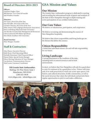 Board of Directors 2014-2015
Officers:
Gretchen Ziegler, Chair
Bill Petersen, Vice-Chair & Founder
Judi Window, Founder
Directors:
Sue Geyer, 2014 GSA of the Year
Jean McGiffin, 2013 GSA of the Year
Lorraine Charron, 2012 GSA of the Year
Mike Somers (NH Lodging & Restaurant Association)
Peter Laufenberg (Plymouth State University)
Tori Berube (Granite State Management & Resources)
Chris Lockwood (NH Motor Speedway)
Kim Monk (Southern NH University)
Board Emeritus:
Peter Morgan, Founder
Staff & Contractors
Alice Pearce, Executive Director
Kelly Bryer, Chief Operating Officer
Michelle Demirjian, Chief Financial Officer
Naomi Halter, Special Events Manager
Eileen Herring, Education & Tours Manager
Lisa Jackson, Communications Director
Matt Lavoie, Literature Coordinator
NH Granite State Ambassadors
Mailing: 241 Pine Street, Suite 1
Manchester, NH 03103
(240) 621-0638
www.nhgsa.com info@nhgsa.com
GSA Mission and Values
Our Mission
The Granite State Ambassadors program is dedicated to meeting
and exceeding the informational needs of guests and residents of
the State of New Hampshire through in-depth training and
active participation of our certified Ambassadors.
Our Core Values
We believe in volunteerism, participation, and cooperation.
We believe in training and demonstrating the essence of
New Hampshire hospitality.
We believe that citizen responsibility and living landscape are
the themes that define this essence.
Citizen Responsibility
A belief that individual citizens can and will take responsibility
for our future.
Living Landscape
A strong attachment to the condition of the state,
including both its natural resources and its built
environments.
In short, we believe that New Hampshire will only be a good place
to visit if it continues to be a good place to live. Visitors will come
only if we work proactively to retain our scenic open spaces, rich
historic and cultural attractions, livable communities, as well as
the social structure that values the individuals and permits them
regular opportunities to pitch in and make a difference.
 