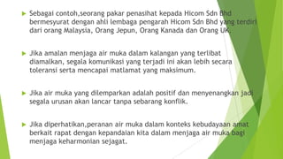  Sebagai contoh,seorang pakar penasihat kepada Hicom Sdn Bhd
bermesyurat dengan ahli lembaga pengarah Hicom Sdn Bhd yang terdiri
dari orang Malaysia, Orang Jepun, Orang Kanada dan Orang UK.
 Jika amalan menjaga air muka dalam kalangan yang terlibat
diamalkan, segala komunikasi yang terjadi ini akan lebih secara
toleransi serta mencapai matlamat yang maksimum.
 Jika air muka yang dilemparkan adalah positif dan menyenangkan jadi
segala urusan akan lancar tanpa sebarang konflik.
 Jika diperhatikan,peranan air muka dalam konteks kebudayaan amat
berkait rapat dengan kepandaian kita dalam menjaga air muka bagi
menjaga keharmonian sejagat.
 