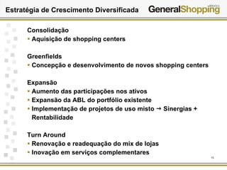 13
Estratégia de Crescimento Diversificada
Consolidação
Aquisição de shopping centers
Greenfields
Concepção e desenvolvimento de novos shopping centers
Expansão
Aumento das participações nos ativos
Expansão da ABL do portfólio existente
Implementação de projetos de uso misto Sinergias +
Rentabilidade
Turn Around
Renovação e readequação do mix de lojas
Inovação em serviços complementares
 