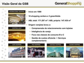 9
Início em 1989
10 shopping centers e 3 greenfields
ABL total: 171.297 m2 / ABL própria: 147.430 m2
Origem varejista levou a:
Compreensão do relacionamento com lojistas
Inteligência de varejo
Foco nas classes de consumo B e C
Gestão de custos eficiente Serviços
complementares
Visão Geral da GSB
 