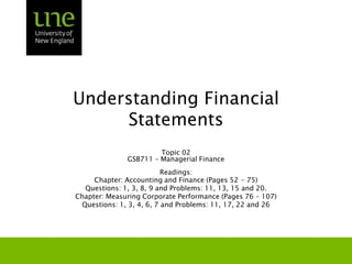 Understanding Financial Statements Topic 02 GSB711 – Managerial Finance Readings: Chapter: Accounting and Finance (Pages 52 - 75) Questions: 1, 3, 8, 9 and Problems: 11, 13, 15 and 20.  Chapter: Measuring Corporate Performance (Pages 76 – 107)   Questions: 1, 3, 4, 6, 7 and Problems: 11, 17, 22 and 26 