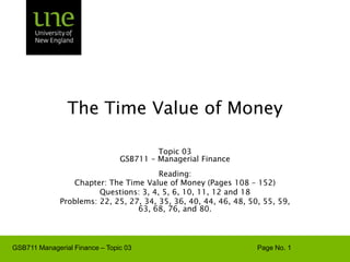 The Time Value of Money Topic 03 GSB711 – Managerial Finance Reading: Chapter: The Time Value of Money (Pages 108 – 152) Questions: 3, 4, 5, 6, 10, 11, 12 and 18  Problems: 22, 25, 27, 34, 35, 36, 40, 44, 46, 48, 50, 55, 59, 63, 68, 76, and 80. 