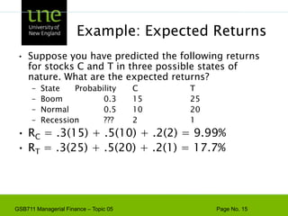 Example: Expected ReturnsSuppose you have predicted the following returns for stocks C and T in three possible states of nature. What are the expected returns?State	Probability	C		TBoom		0.3	15		25Normal		0.5	10		20Recession	???	2		1RC = .3(15) + .5(10) + .2(2) = 9.99%RT = .3(25) + .5(20) + .2(1) = 17.7%