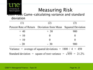Example: Expected Portfolio ReturnsConsider the portfolio weights computed previously. If the individual stocks have the following expected returns, what is the expected return for the portfolio?DCLK: 19.69%KO: 5.25%INTC: 16.65%KEI: 18.24%E(RP) = .133(19.69) + .2(5.25) + .167(16.65) + .4(18.24) = 13.75%
