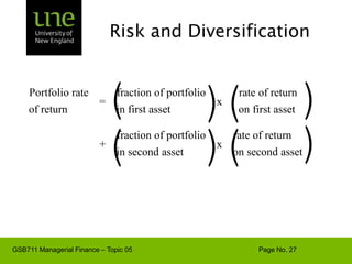 Risk and DiversificationDiversification -  Strategy designed to reduce risk by spreading the portfolio across many investments.Unique Risk - Risk factors affecting only that firm.  Also called “diversifiable risk.”Market Risk - Economy-wide sources of risk that affect the overall stock market.  Also called “systematic risk.”