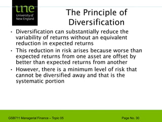 DiversificationPortfolio diversification is the investment in several different asset classes or sectorsDiversification is not just holding a lot of assetsFor example, if you own 50 internet stocks, you are not diversifiedHowever, if you own 50 stocks that span 20 different industries, then you are diversified