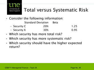 Systematic Risk PrincipleThere is a reward for bearing riskThere is not a reward for bearing risk unnecessarilyThe expected return on a risky asset depends only on that asset’s systematic risk since unsystematic risk can be diversified away