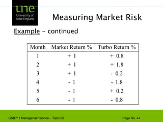 Measuring Market RiskMarket Portfolio - Portfolio of all assets in the economy.  In practice a broad stock market index is used to represent the market.Beta - Sensitivity of a stock’s return to the return on the market portfolio.